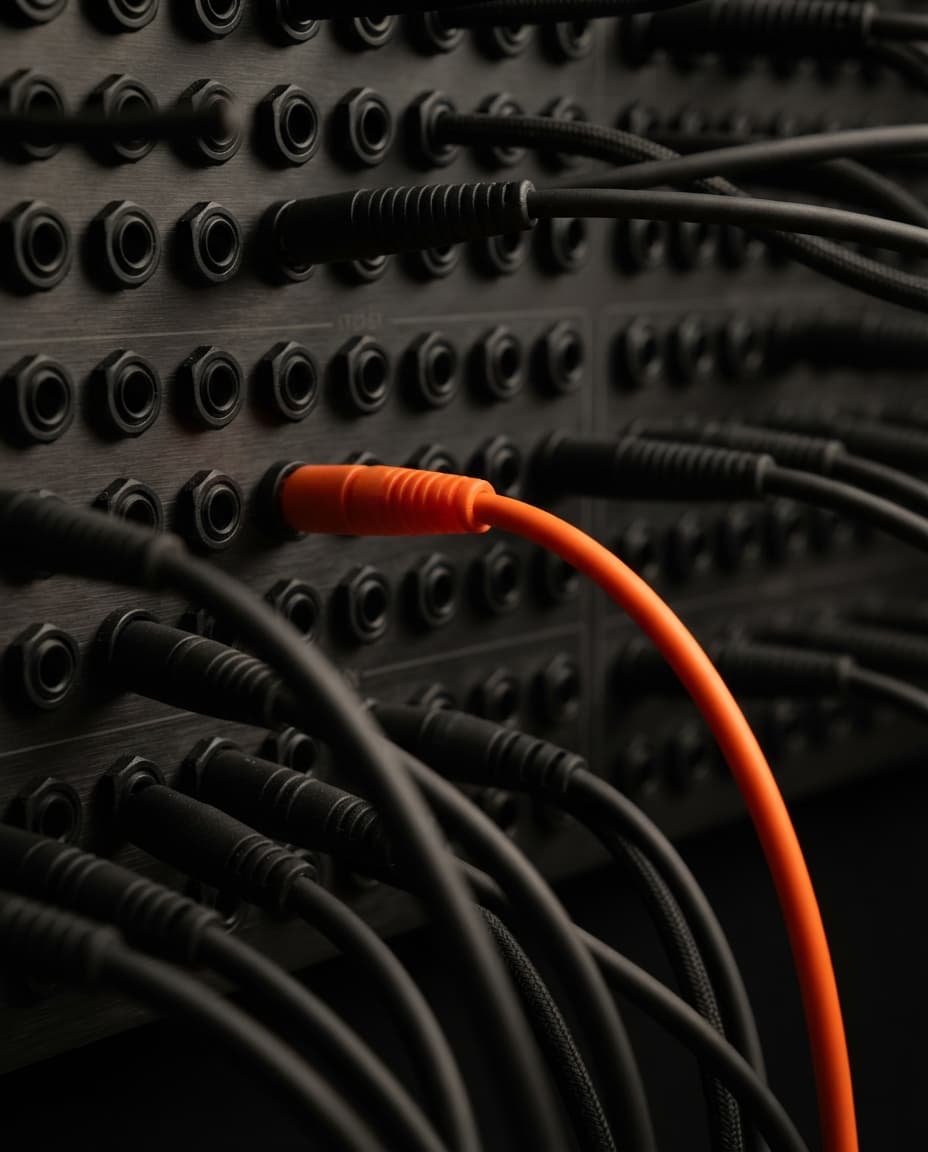 One international-orange cable plugged into a patch bay of identical black cables