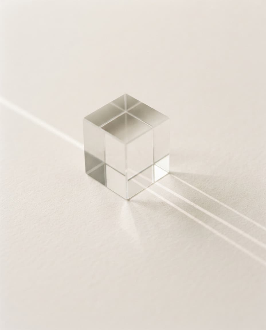 A glass cube catching a beam of light that separates into parallel lines across warm paper